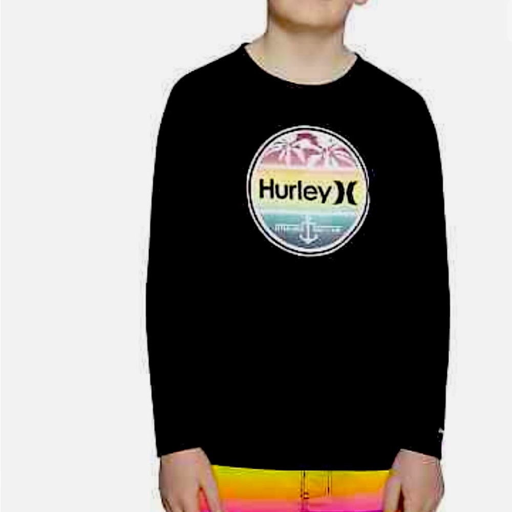 Hurley Youth UPF Swim Top/ Black Long Sleeve Rash Guard Swim Shirt